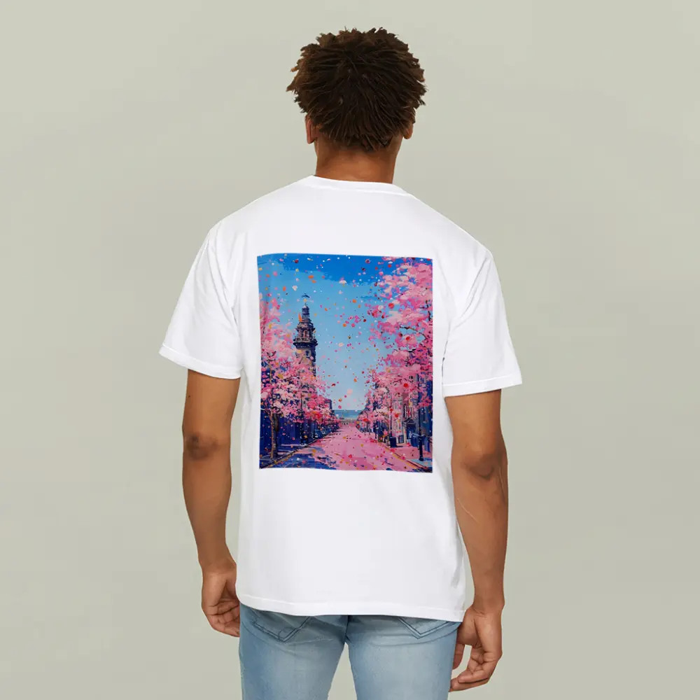 Cherry Blossom Street Scene Oil Painting – T-Shirts