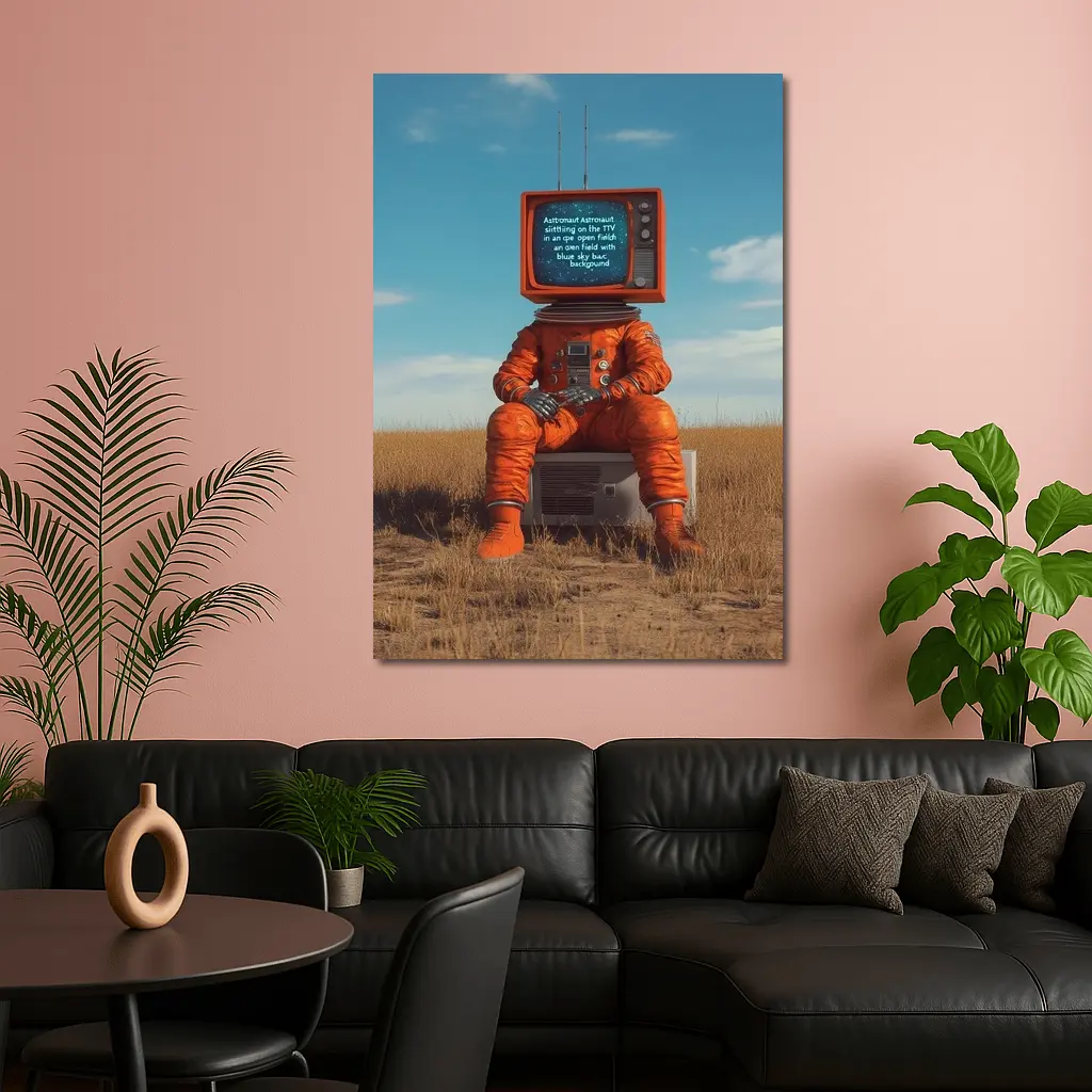 Astronaut TV Head Sitting Open Field – Wall Art