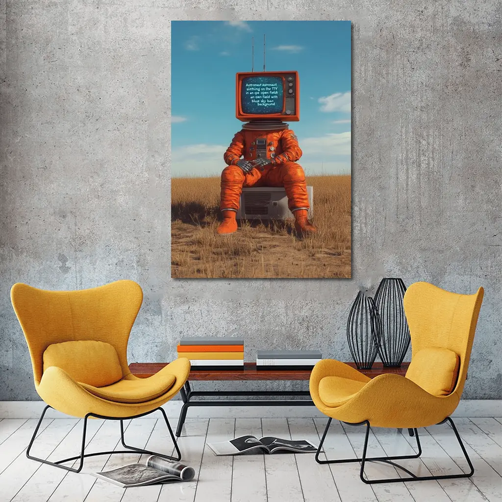 Astronaut TV Head Sitting Open Field – Wall Art