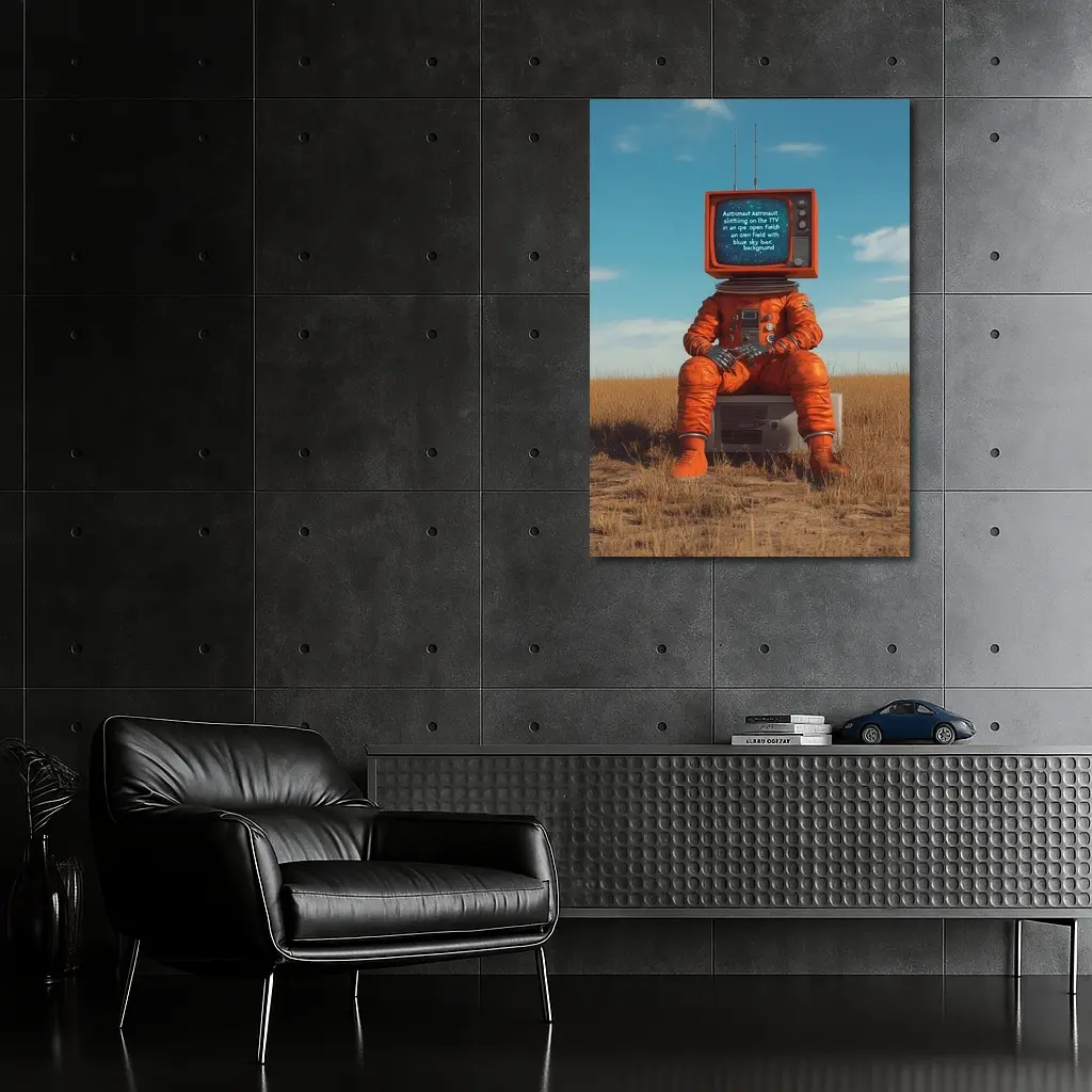 Astronaut TV Head Sitting Open Field – Wall Art