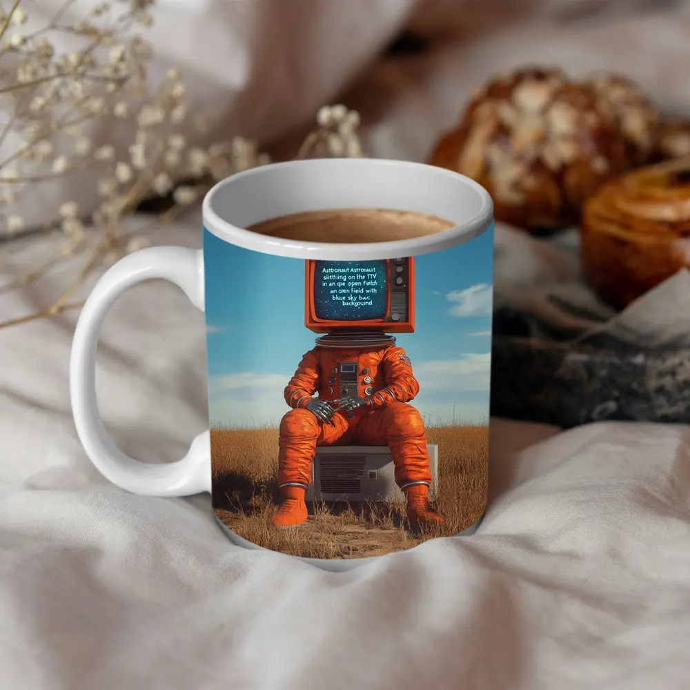 Astronaut TV Head Sitting Open Field – Mugs