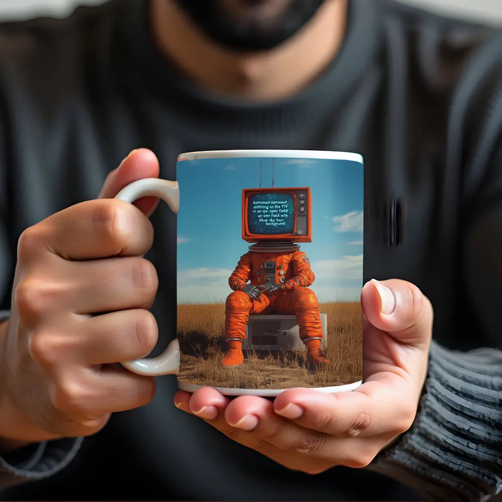 Astronaut TV Head Sitting Open Field – Mugs