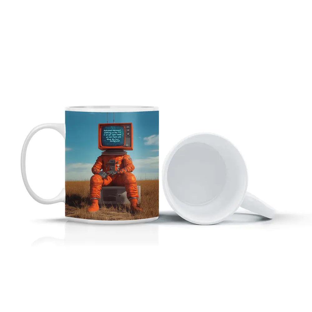 Astronaut TV Head Sitting Open Field – Mugs