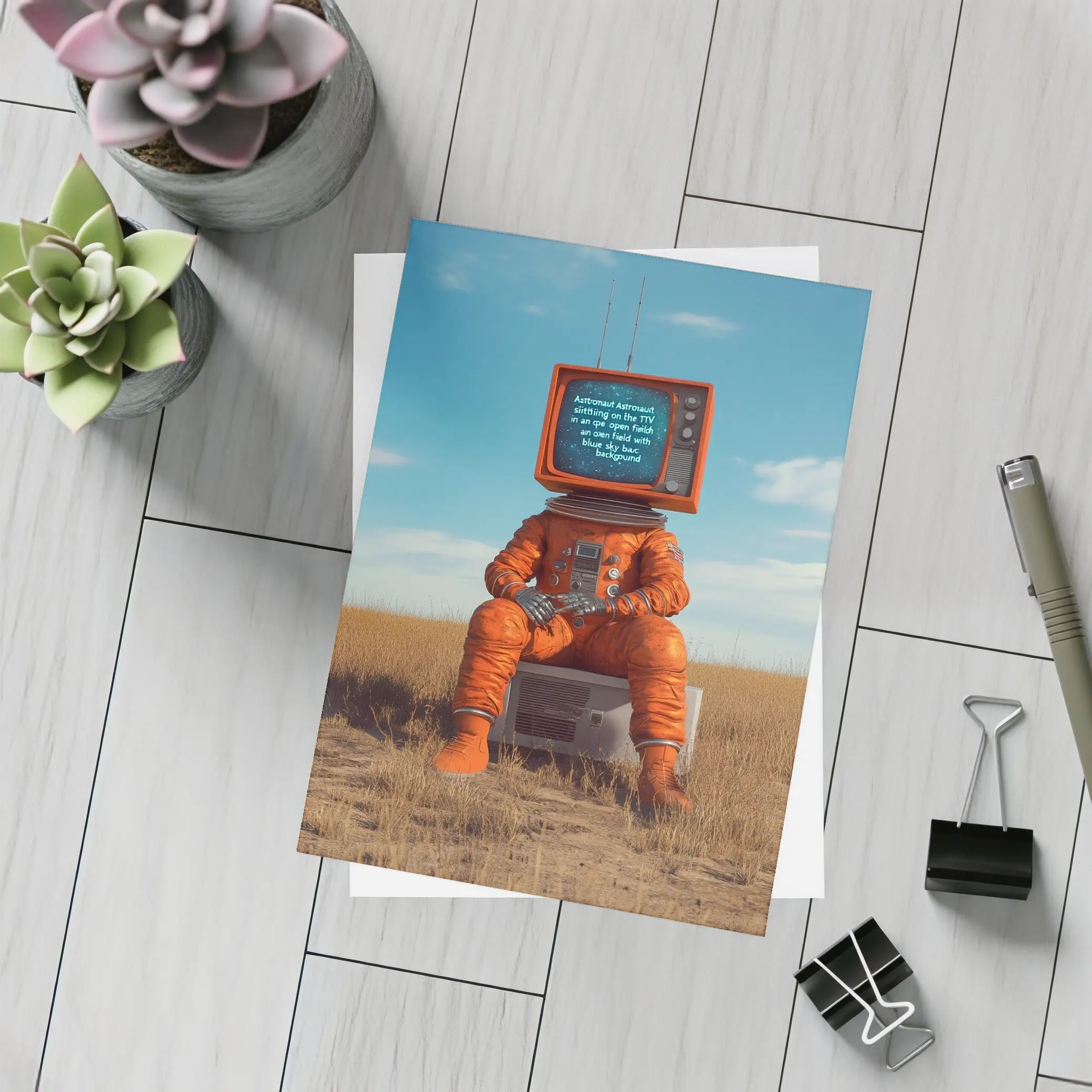 Astronaut TV Head Sitting Open Field – Postcards