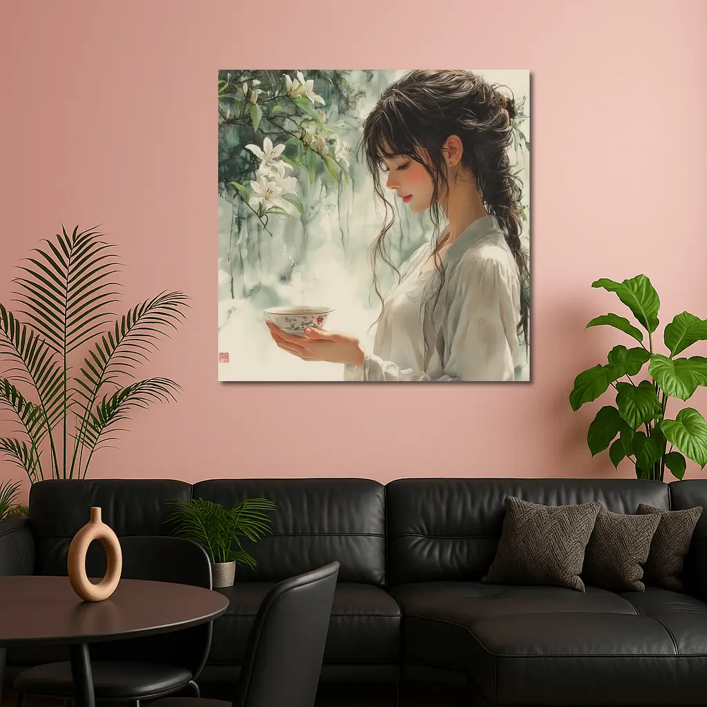 Woman Holding Tea Cup White Lilies – Wall Art