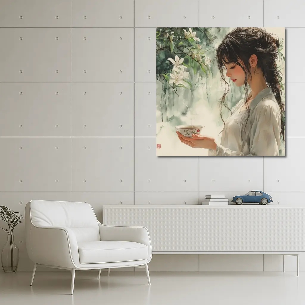 Woman Holding Tea Cup White Lilies – Wall Art