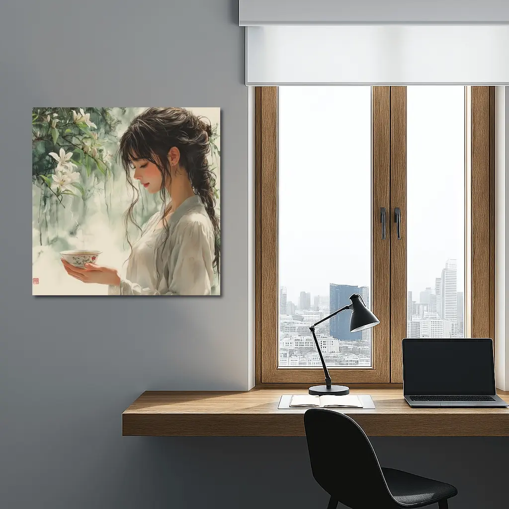 Woman Holding Tea Cup White Lilies – Wall Art