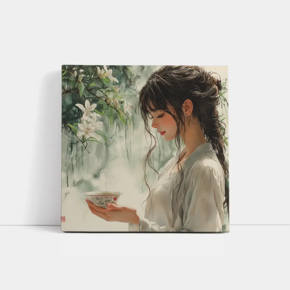 Woman Holding Tea Cup White Lilies – Wall Art