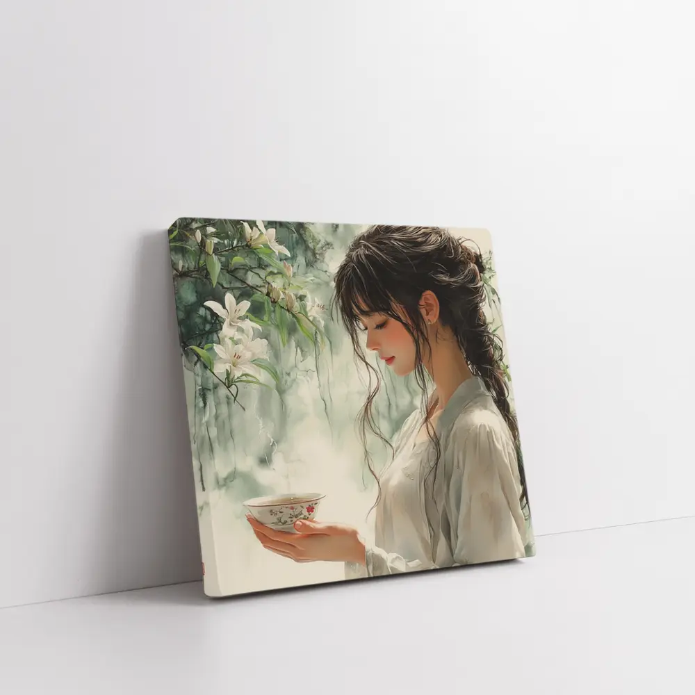 Woman Holding Tea Cup White Lilies – Wall Art