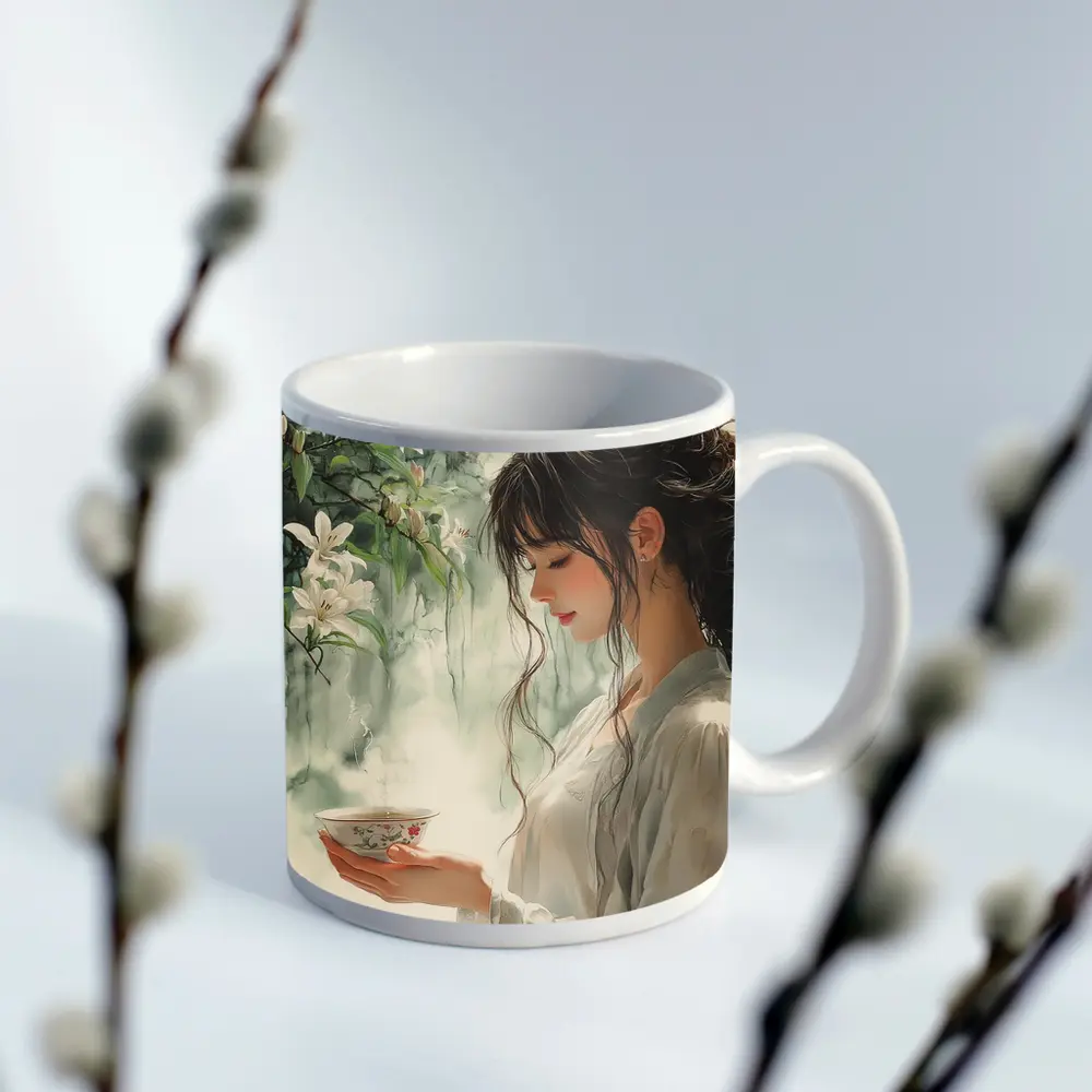 Woman Holding Tea Cup White Lilies – Mugs