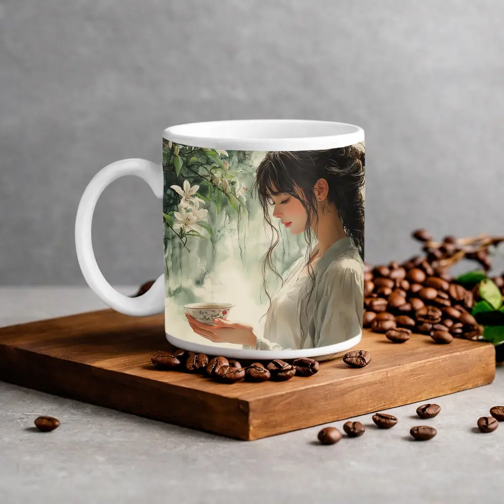 Woman Holding Tea Cup White Lilies – Mugs