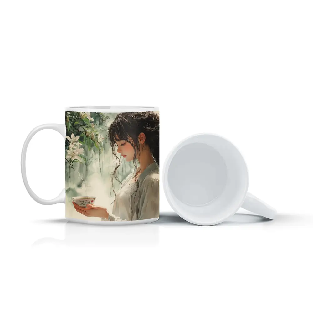 Woman Holding Tea Cup White Lilies – Mugs