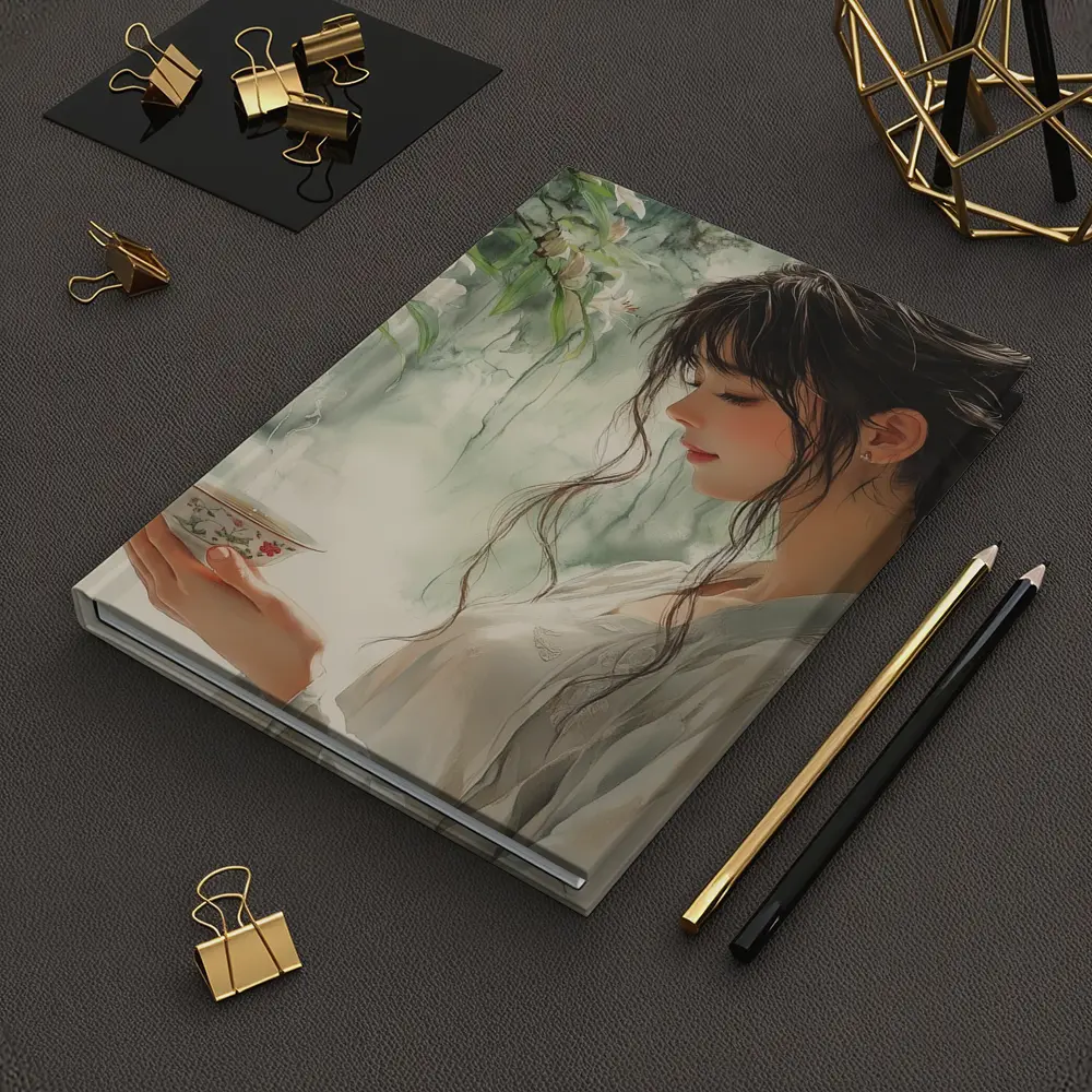 Woman Holding Tea Cup White Lilies – Notebooks