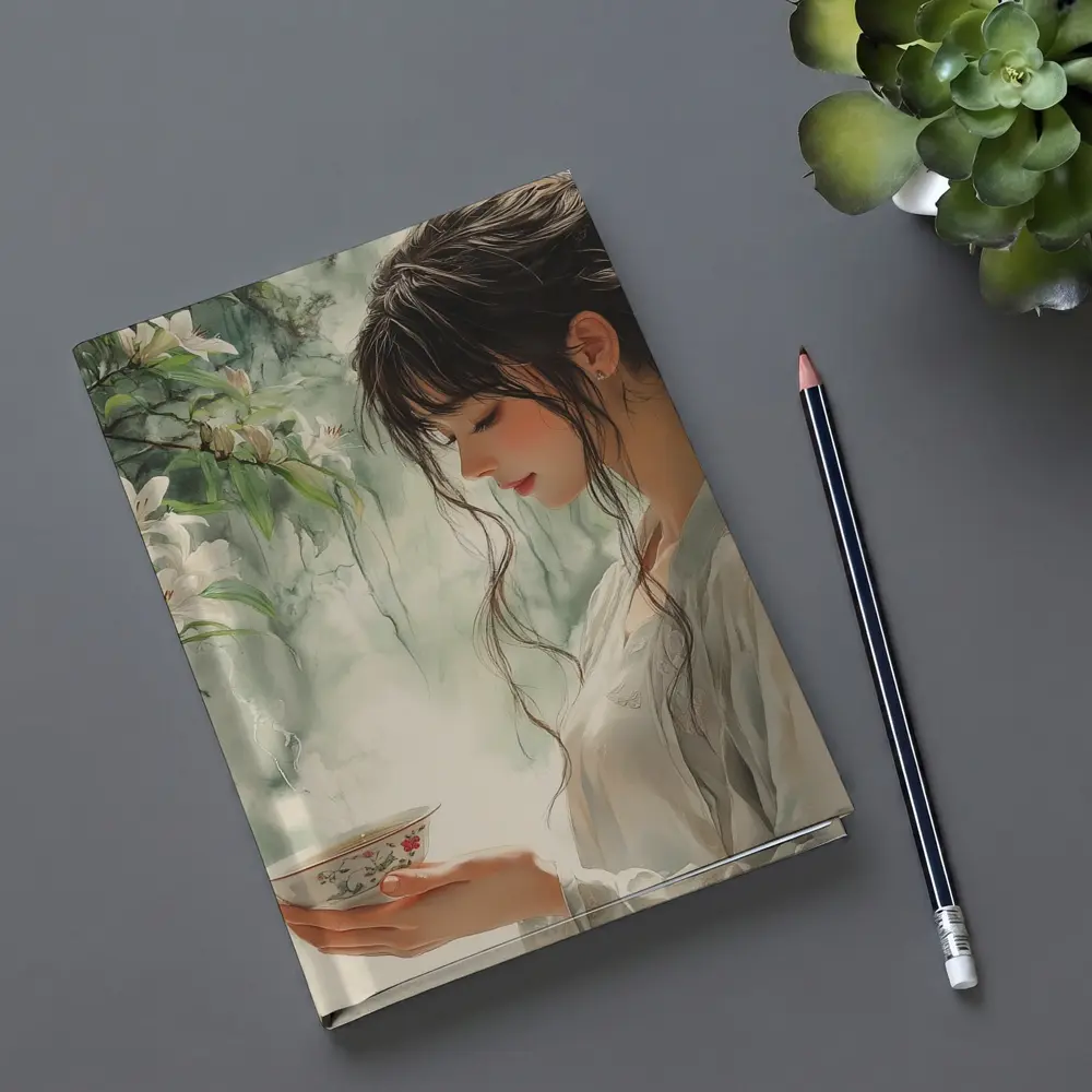 Woman Holding Tea Cup White Lilies – Notebooks