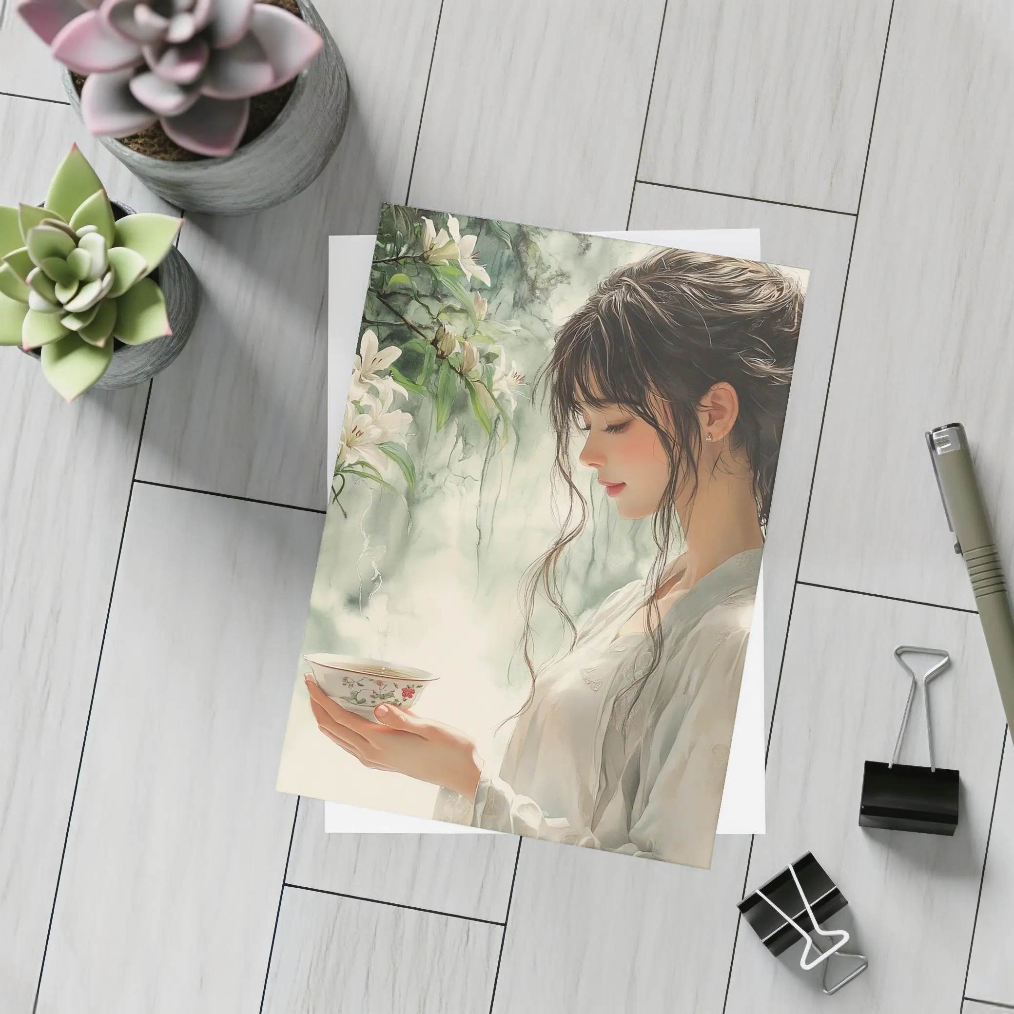 Woman Holding Tea Cup White Lilies – Postcards