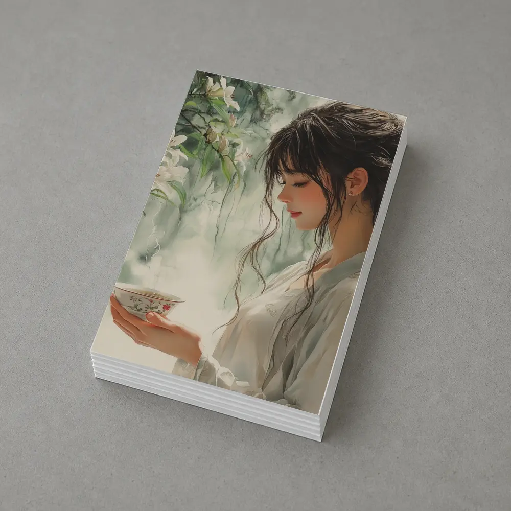Woman Holding Tea Cup White Lilies – Postcards
