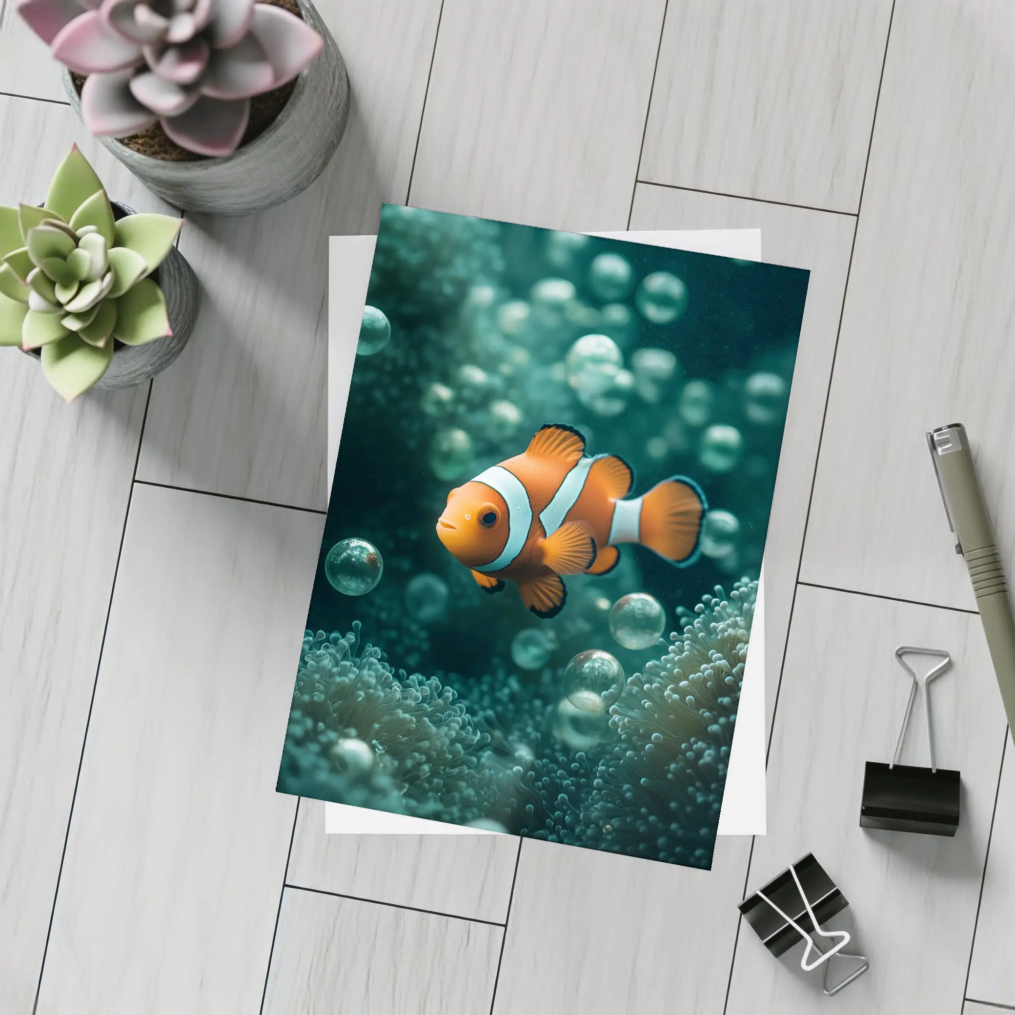 Clownfish Swimming Among Sea Anemone Bubbles – Postcards