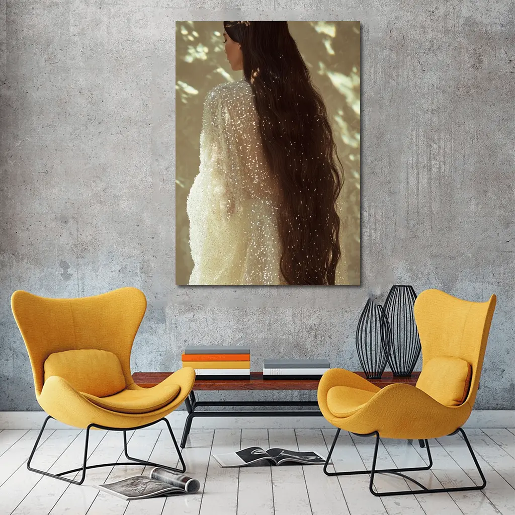 Woman Long Dark Hair Glittering White Gown – Wall Art