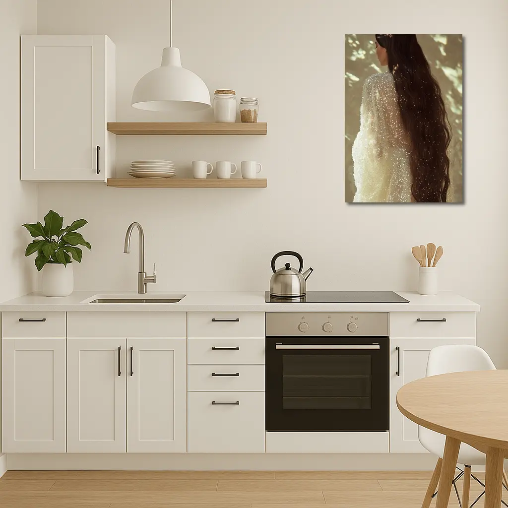 Woman Long Dark Hair Glittering White Gown – Wall Art