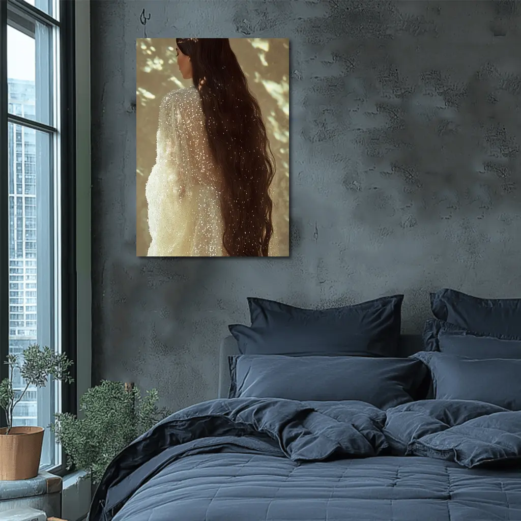 Woman Long Dark Hair Glittering White Gown – Wall Art