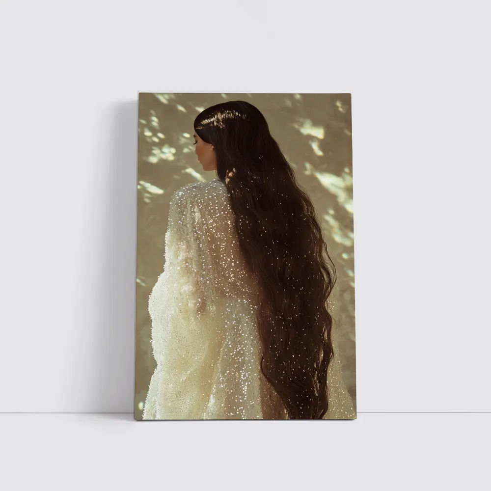 Woman Long Dark Hair Glittering White Gown – Wall Art