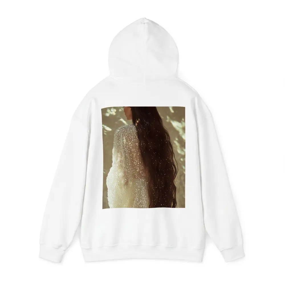 Woman Long Dark Hair Glittering White Gown – Hoodies