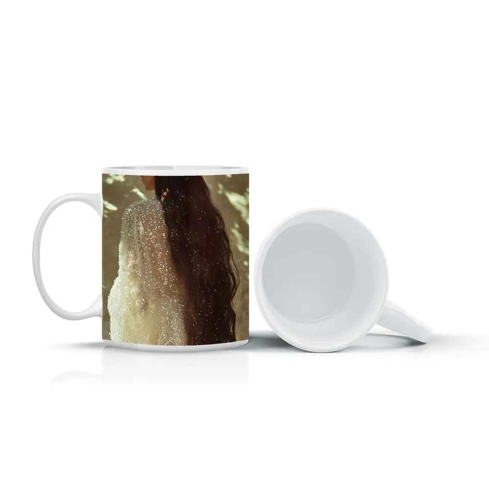 Woman Long Dark Hair Glittering White Gown – Mugs