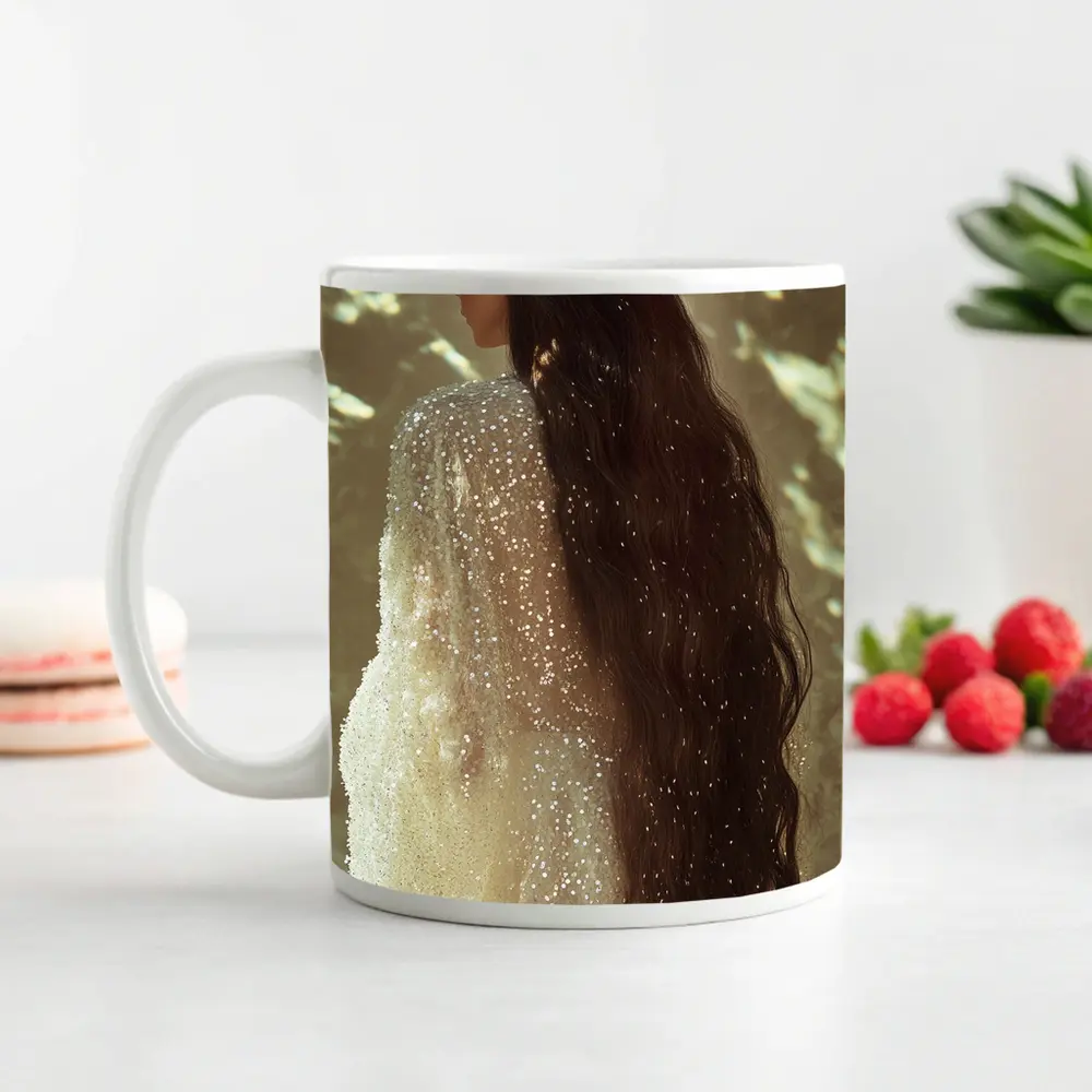 Woman Long Dark Hair Glittering White Gown – Mugs