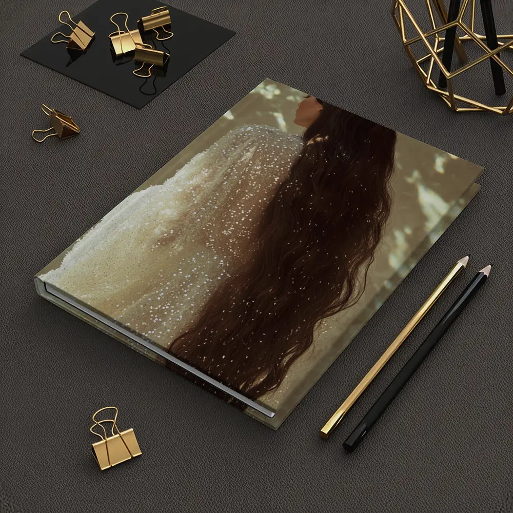 Woman Long Dark Hair Glittering White Gown – Notebooks