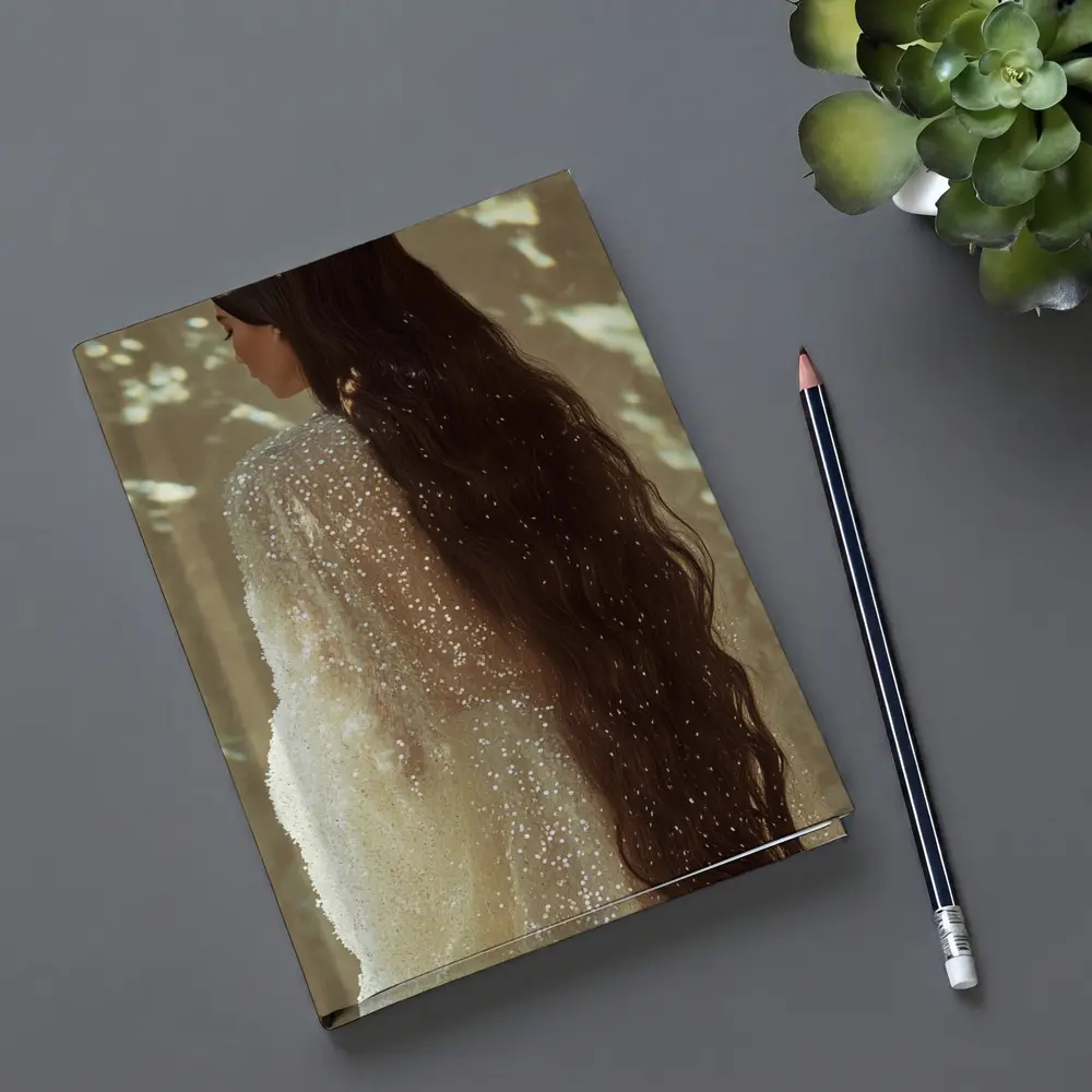 Woman Long Dark Hair Glittering White Gown – Notebooks