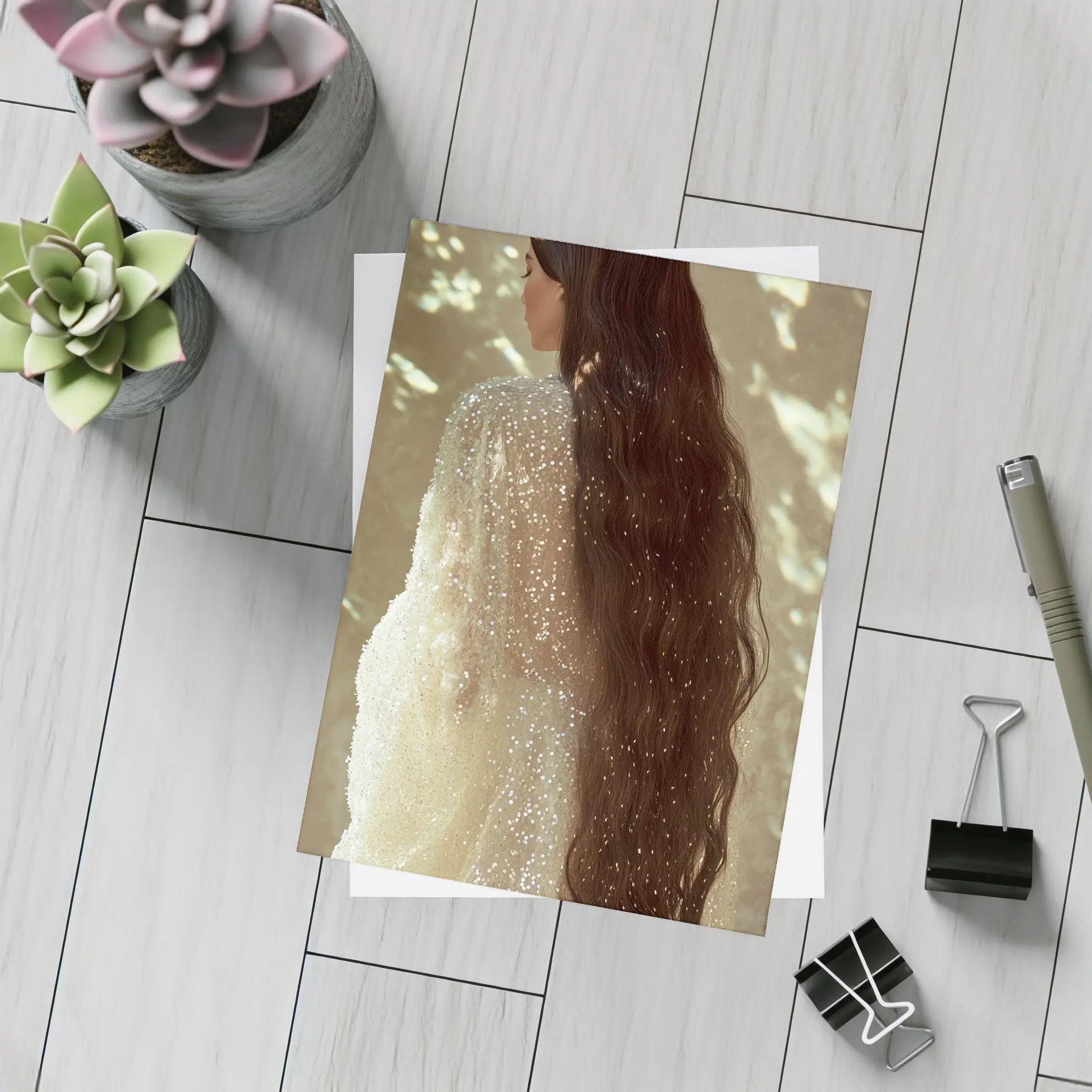 Woman Long Dark Hair Glittering White Gown – Postcards