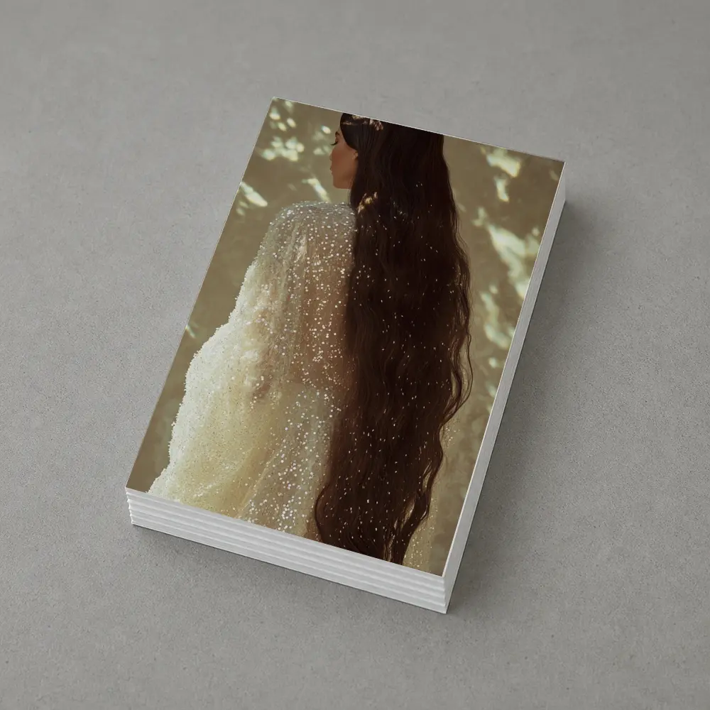 Woman Long Dark Hair Glittering White Gown – Postcards