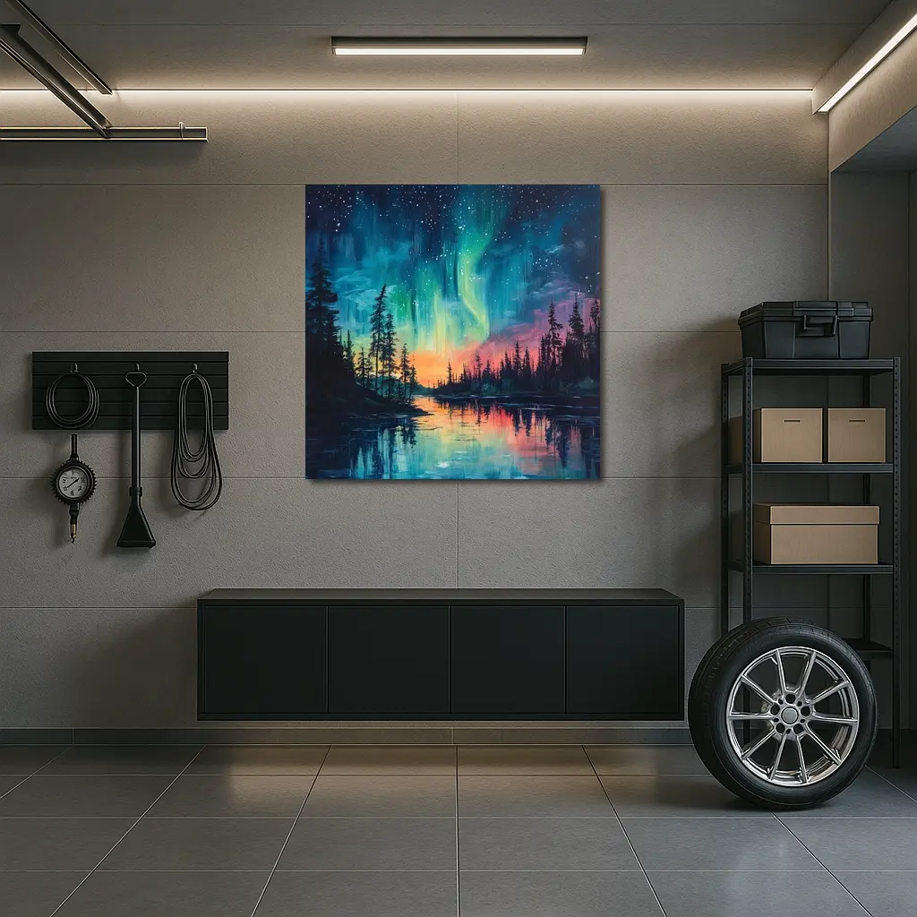 Northern Lights Aurora Forest Lake Oil Painting – Wall Art