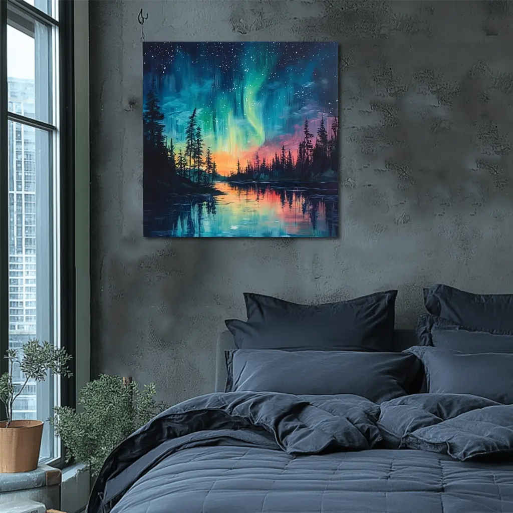 Northern Lights Aurora Forest Lake Oil Painting – Wall Art
