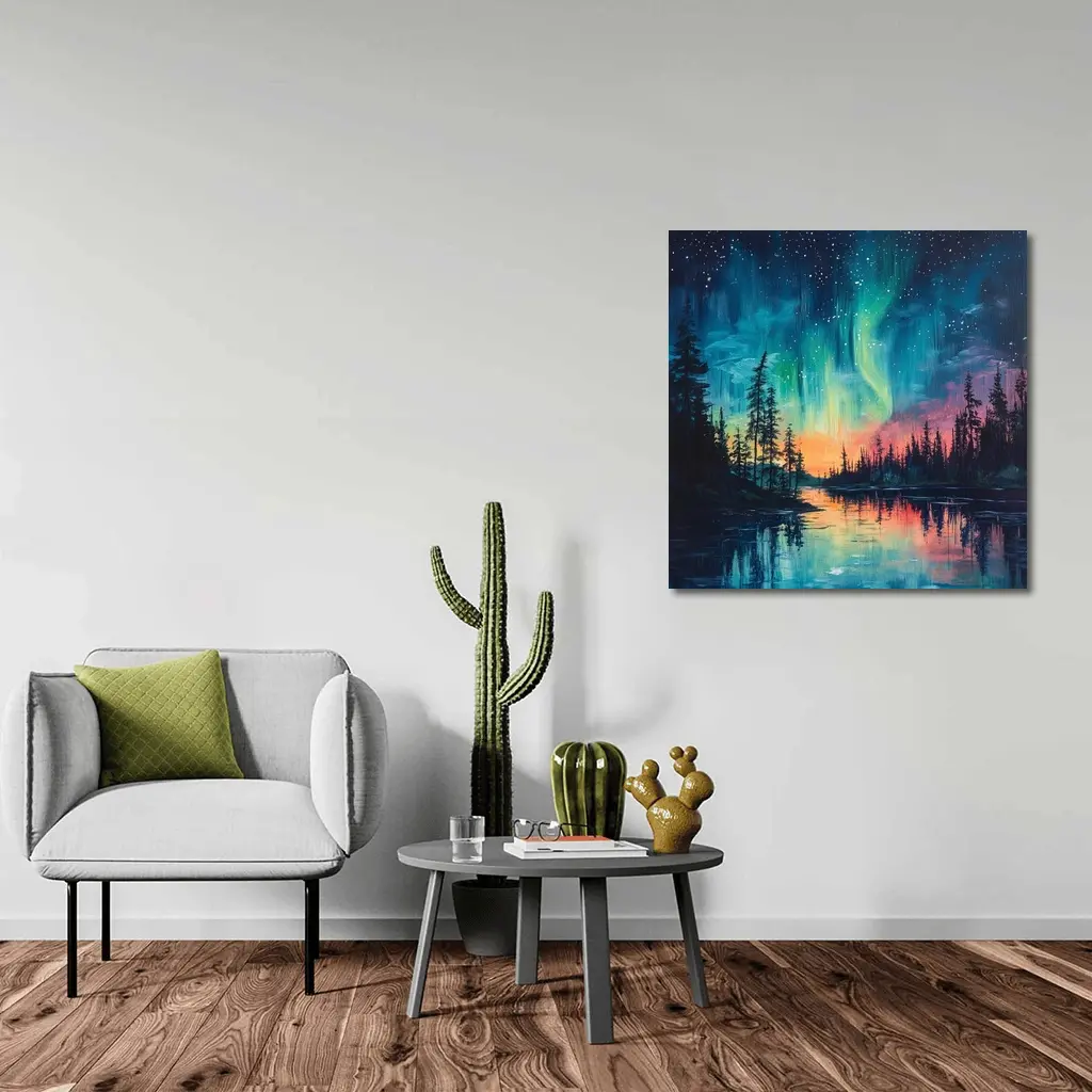 Northern Lights Aurora Forest Lake Oil Painting – Wall Art