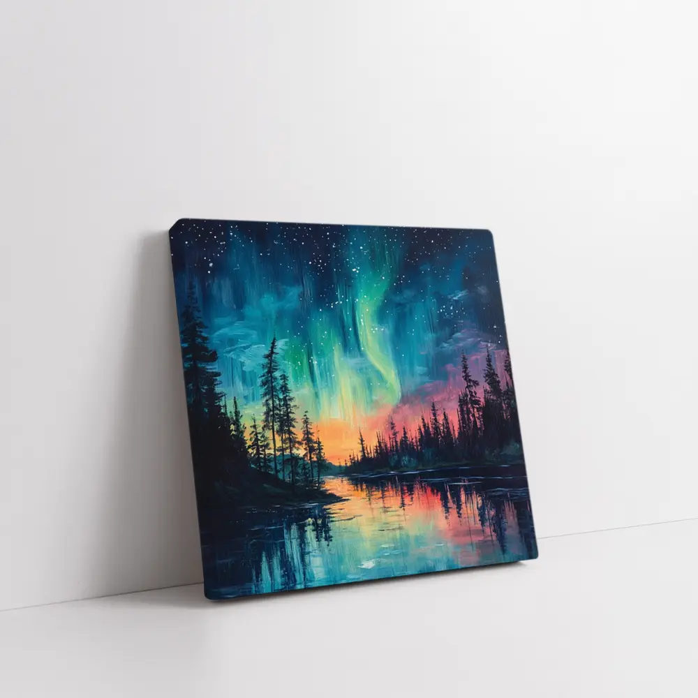 Northern Lights Aurora Forest Lake Oil Painting – Wall Art