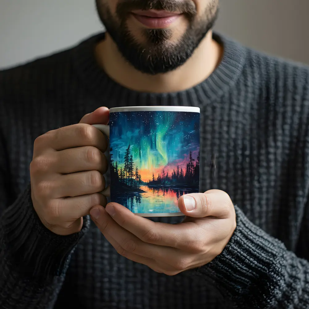 Northern Lights Aurora Forest Lake Oil Painting – Mugs