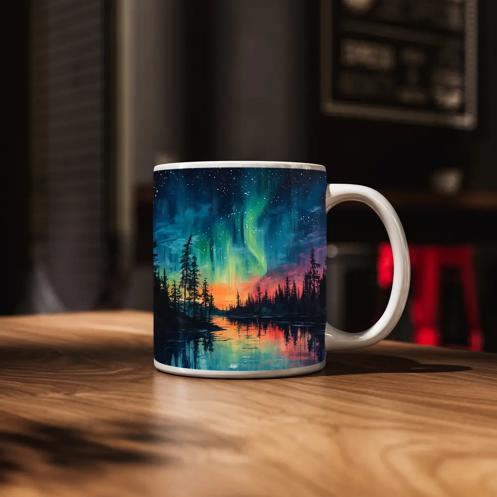 Northern Lights Aurora Forest Lake Oil Painting – Mugs