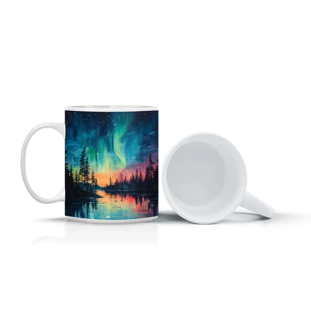 Northern Lights Aurora Forest Lake Oil Painting – Mugs