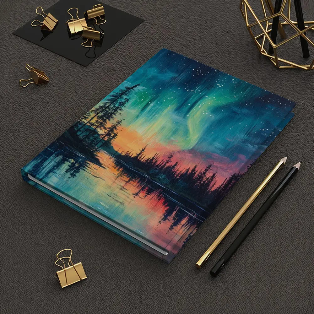 Northern Lights Aurora Forest Lake Oil Painting – Notebooks