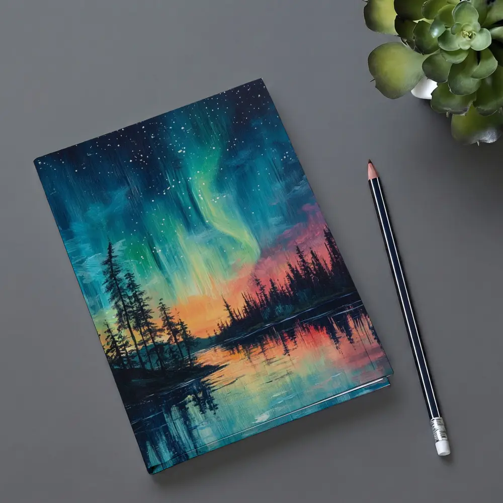 Northern Lights Aurora Forest Lake Oil Painting – Notebooks