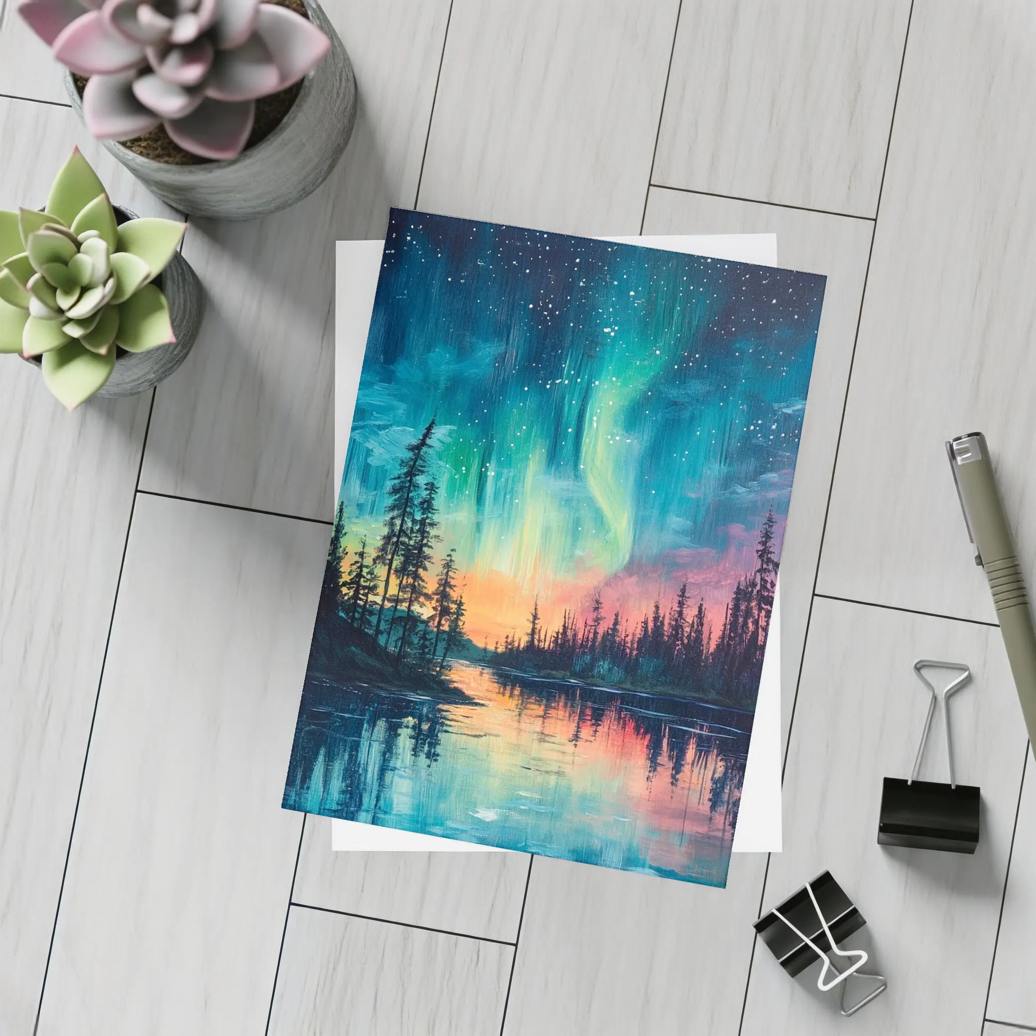 Northern Lights Aurora Forest Lake Oil Painting – Postcards