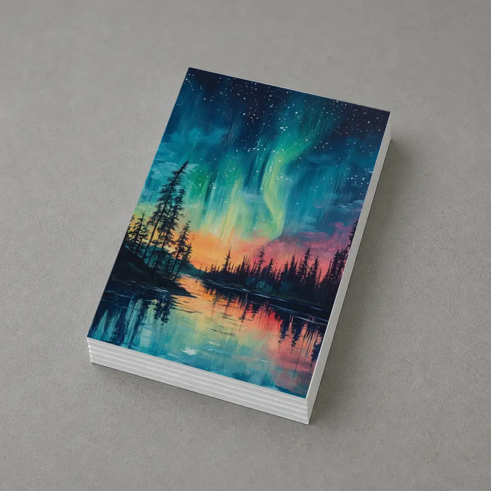 Northern Lights Aurora Forest Lake Oil Painting – Postcards