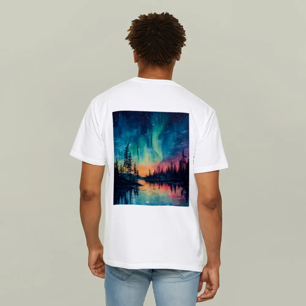 Northern Lights Aurora Forest Lake Oil Painting – T-Shirts