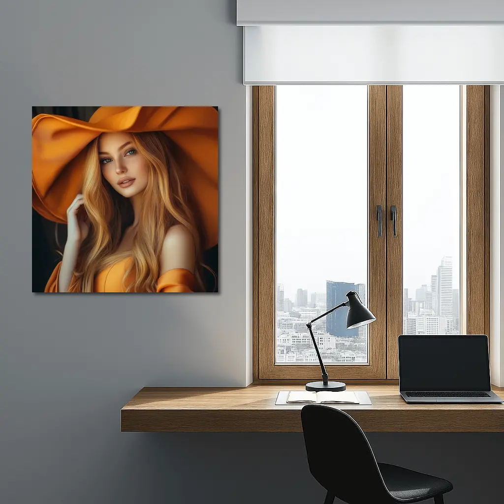 Blonde Woman Orange Wide Brim Hat Portrait – Wall Art