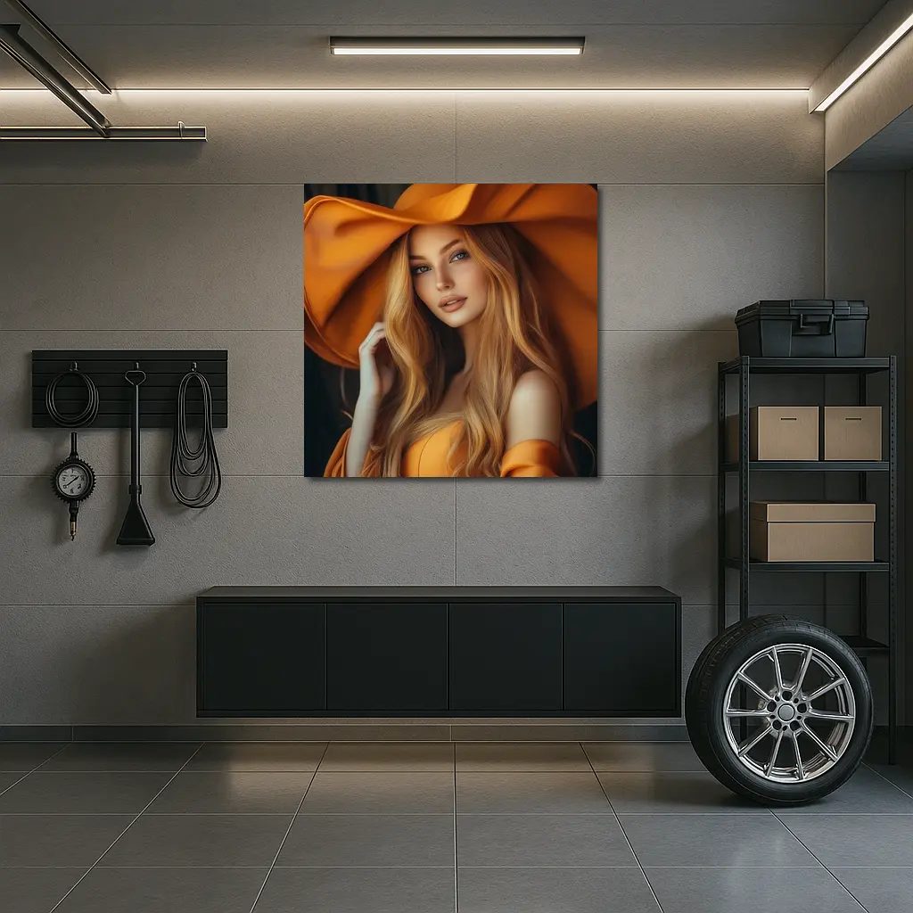 Blonde Woman Orange Wide Brim Hat Portrait – Wall Art