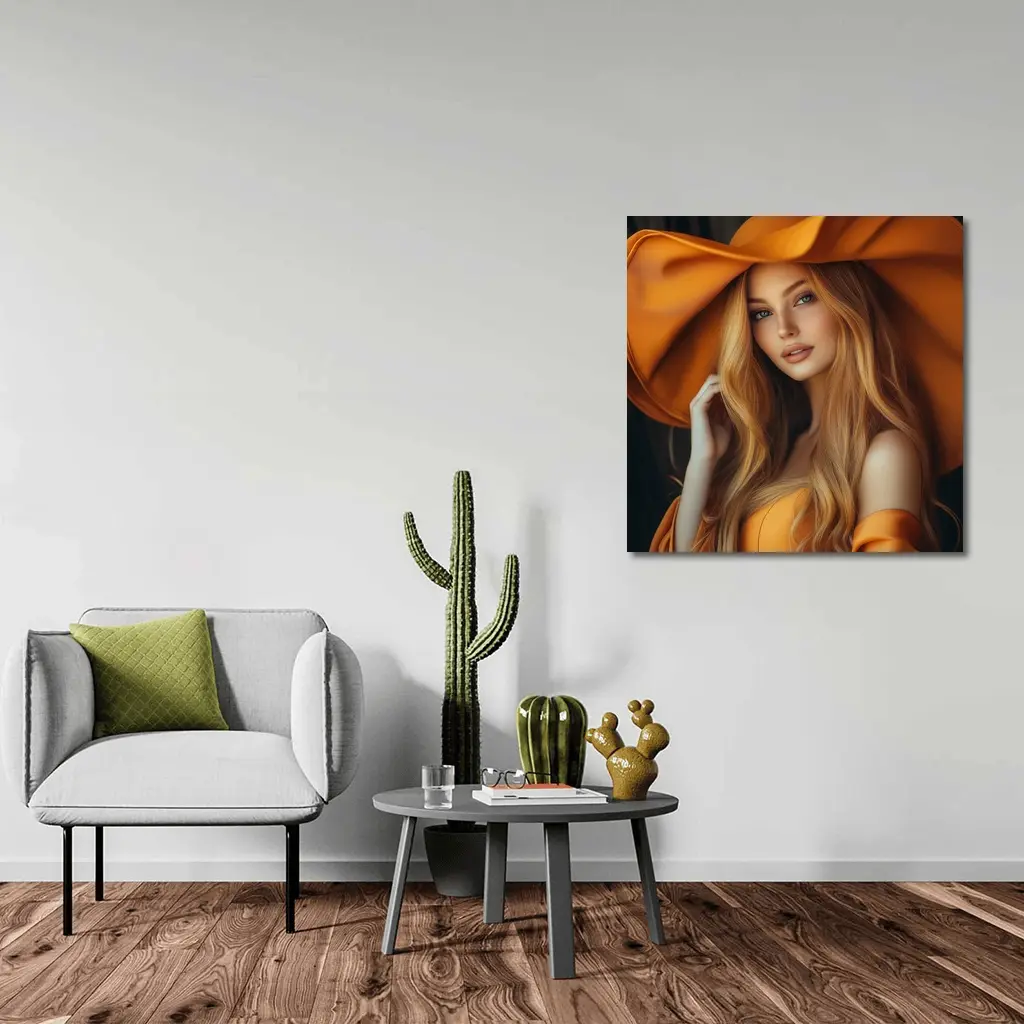 Blonde Woman Orange Wide Brim Hat Portrait – Wall Art