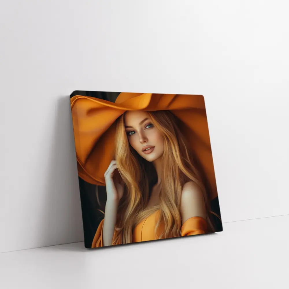 Blonde Woman Orange Wide Brim Hat Portrait – Wall Art