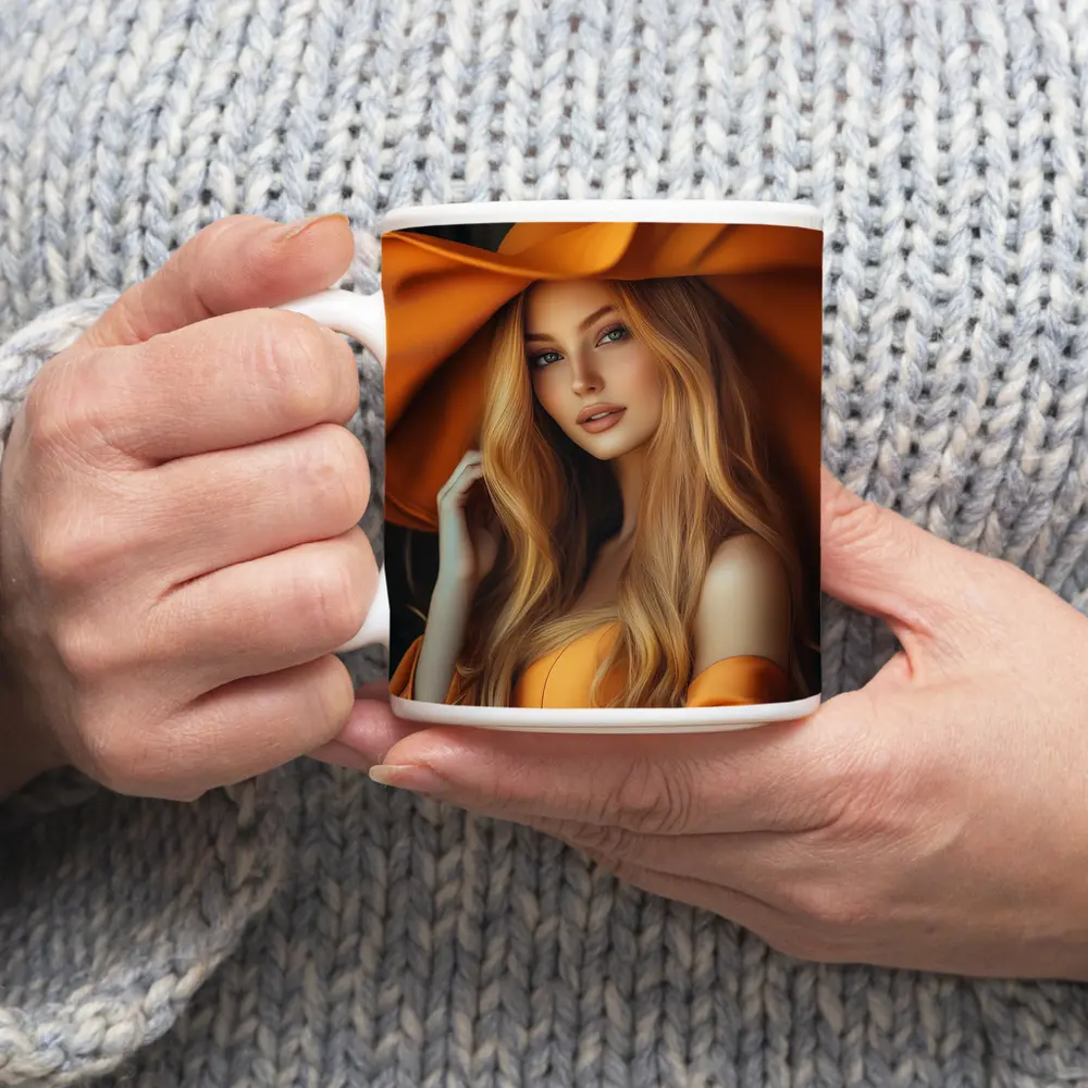 Blonde Woman Orange Wide Brim Hat Portrait – Mugs