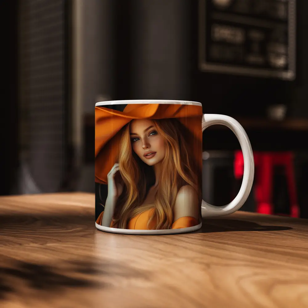 Blonde Woman Orange Wide Brim Hat Portrait – Mugs